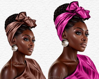 May include: Two digital illustrations of a woman with dark skin wearing a headscarf with a bow. The woman on the left is wearing a brown headscarf and a brown top. The woman on the right is wearing a pink headscarf and a pink top. Both women are wearing large, round, silver earrings.