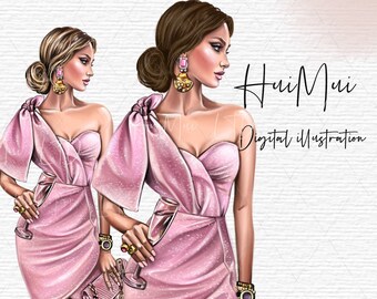Fashion girl clipart, pink dress girl clipart, Fashion illustration, African American clipart, Afro girls clipart, planner stickers supplies
