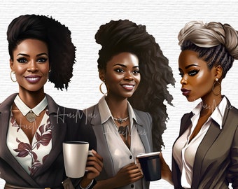 May include: Three women with different hairstyles are wearing brown blazers and white shirts. They are holding coffee mugs. One woman has a white mug, and the other two have black mugs.
