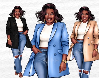 Fashion Woman ClipArt, African American Clipart PNG files,  Black Girl Clipart, Feminine Digital Stickers, Mature woman digital illustration