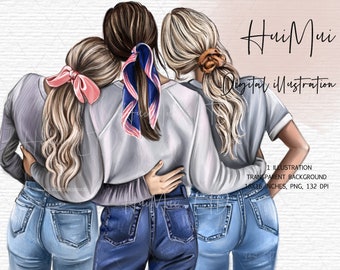 May include: Three women with long hair wearing jeans and shirts stand close together with their arms around each other. The woman in the middle is wearing a blue and white patterned scarf around her neck. The woman on the left is wearing a pink ribbon in her hair. The woman on the right is wearing a brown hair tie. The background is a white textured surface.