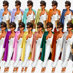 May include: A collection of 16 digital illustrations of women wearing white pants and various colored jackets. The women have dark skin, dark hair, and are wearing sunglasses.