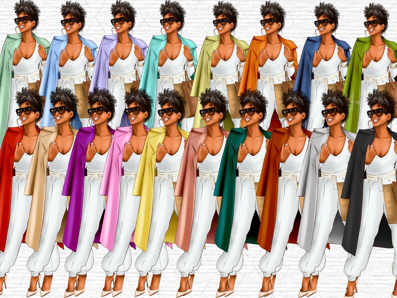 May include: A collection of 16 digital illustrations of women wearing white pants and various colored jackets. The women have dark skin, dark hair, and are wearing sunglasses.