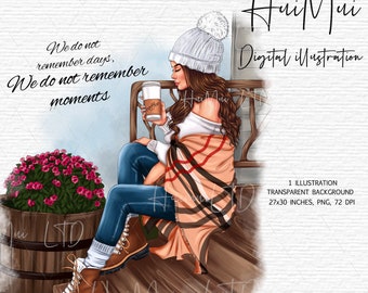 FALL Clip Art Girl with tea coffee Autumn Leaves Flowers Scene Planner Clipart Fashion Girl Hand Drawn PNG Sticker Graphics