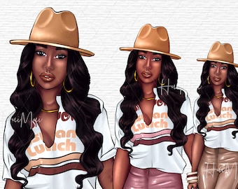 Black woman clipart illustration, Fashion girl clipart, Diva Face clipart, Beauty clipart, digital download, planner girl clipart PNG