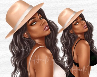 Beach clipart, AFRICAN AMERICAN clipart, Afro girl, Summer clipart, girl with white bikini, vacation holiday digital procreate PNG file