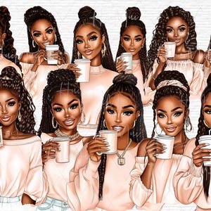 Clipart café fille noire jolie fille mode sublimation conception téléchargement numérique pour agenda fournitures fille afro magique Art Clip Art commercial