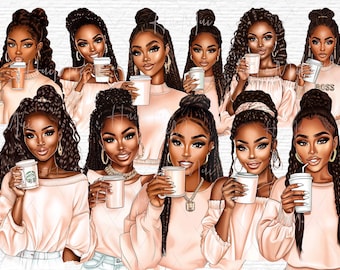 Imágenes prediseñadas de café de chica negra Diseño de sublimación de chica de moda linda Descarga digital para suministros de planificador Clip art de arte mágico de chica afro Comercial