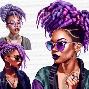 May include: A digital illustration of a woman with purple and pink dreadlocks, wearing sunglasses and a green and purple jacket. She is wearing a silver ring on her finger.