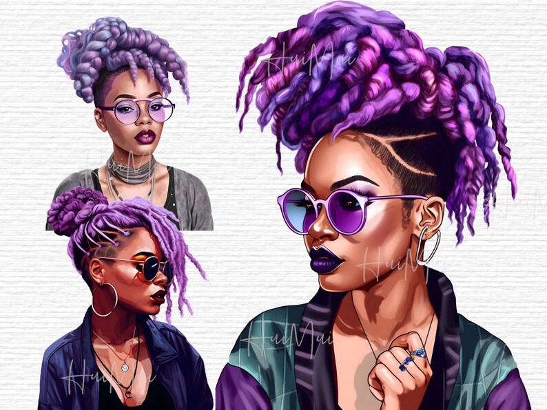 May include: A digital illustration of a woman with purple and pink dreadlocks, wearing sunglasses and a green and purple jacket. She is wearing a silver ring on her finger.