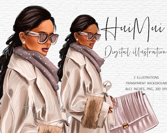 Woman Digital Illustration for planner dashboards covers Fashion Clipart Fall Woman Clipart Black woman illustration Black Girl Digital PNG