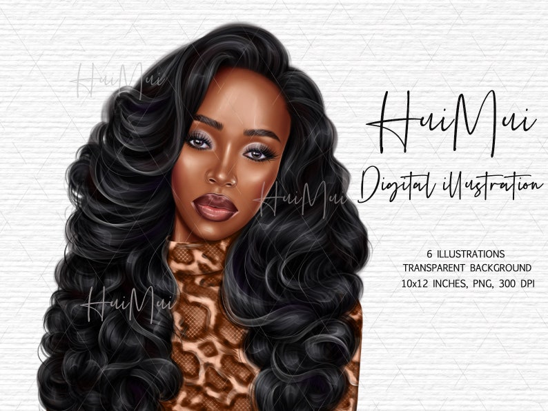 May include: Digital illustration of a woman with long, black, curly hair wearing a brown and black leopard print top. The background is white.
