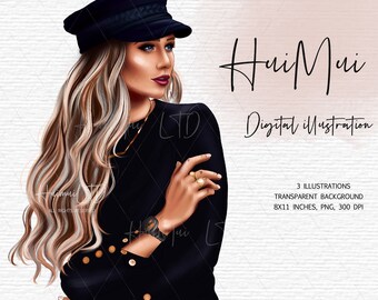Ilustração de garota glamourosa de moda, clipart de planejador de chefe de garota, mulher com roupas pretas e brancas, mulher de pele escura com chapéu