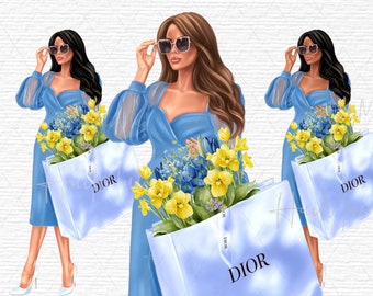 Könnte beinhalten: Drei Frauen in blauen Kleidern und Sonnenbrillen halten blaue Einkaufstaschen mit dem Aufdruck "DIOR". Jede Tasche enthält einen Strauß gelber und blauer Blumen.