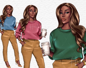 Black woman clipart illustration, Fashion girl clipart, Diva Face clipart, Beauty clipart, digital download, planner girl clipart PNG