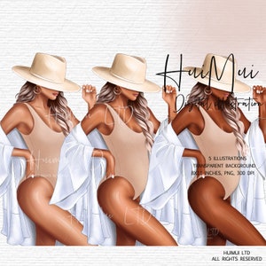 May include: Digital illustration featuring three figures in beige swimsuits, white cover-ups, and wide-brimmed hats. The image includes the text "HaiMui Digital illustration" and details about the illustrations, including size and file type.