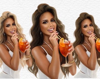 Fille buvant des cocktails Clipart, clipart de boissons alcoolisées, fête d'été, peint à la main, fichiers PNG pour autocollants imprimables, téléchargement numérique