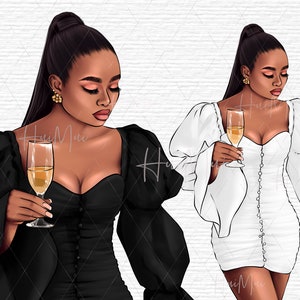 Black fashion girl drinking champagne, Party, Happy birthday clipart, White Black dress,  Fashion Illustration, Planner Girl, Girl Boss  PNG
