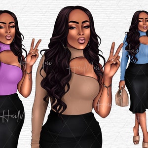 Peut inclure: Trois illustrations num&eacute;riques d'une femme aux longs cheveux noirs portant une jupe noire et un haut de diff&eacute;rentes couleurs&nbsp;: violet, beige et bleu. Chaque femme fait un signe de paix avec sa main.