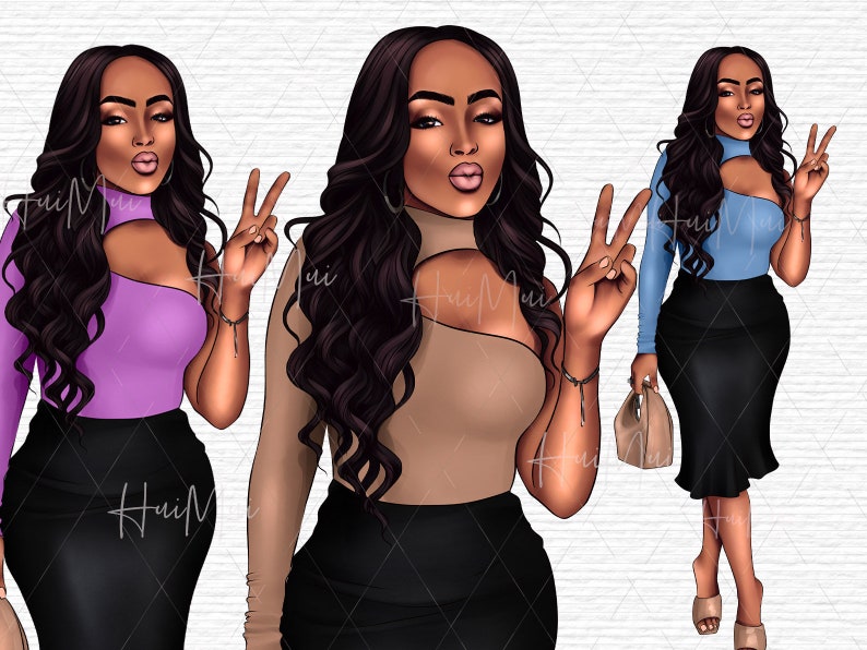 Peut inclure: Trois illustrations num&eacute;riques d'une femme aux longs cheveux noirs portant une jupe noire et un haut de diff&eacute;rentes couleurs&nbsp;: violet, beige et bleu. Chaque femme fait un signe de paix avec sa main.