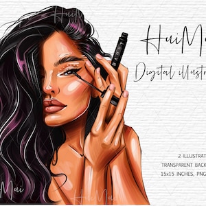 May include: Digital illustration of a woman with long black hair applying mascara. She is holding a black mascara wand in her right hand and looking at the camera. The background is white.