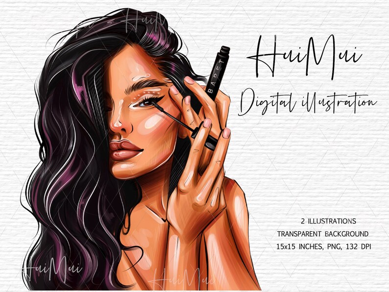 May include: Digital illustration of a woman with long black hair applying mascara. She is holding a black mascara wand in her right hand and looking at the camera. The background is white.