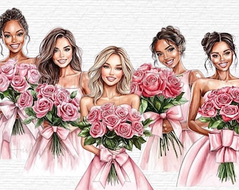 Ragazze acquerello con rose Clipart digitale romantico per San Valentino Set digitale con ragazze e fiori Adesivi Arte con ragazze eleganti