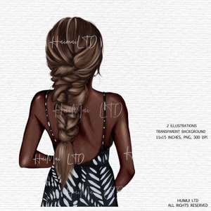 May include: A digital illustration of a woman with long brown hair styled in a braid, wearing a black and white patterned dress. The background is transparent.