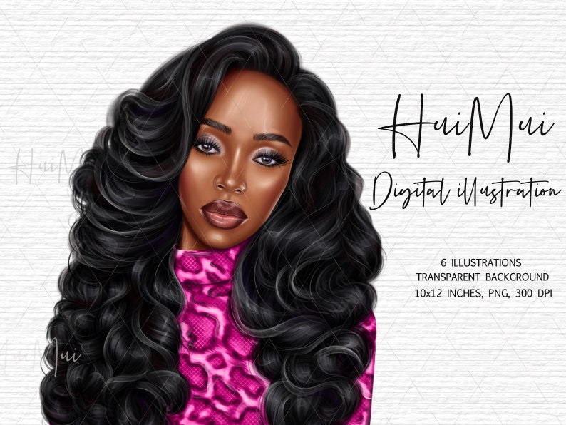 May include: Digital illustration of a woman with long, black curly hair wearing a pink and black leopard print top. The image is set against a white brick background.