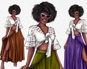 Moda chica clipart Natuarl Short Hairstyle girl Clipart uso comercial moda ilustración clipart para planificador con hermosa diva negra