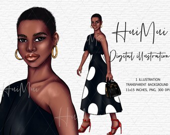 Fashion girl clipart Black and white dots girl clip art stylish clipart short hair African American clipart Afro girl planner clipart