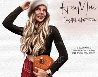 Autumn girl clipart, Fall clipart, Blond hair, Pumpkin, Fashion illustration, Fashionable women clipart, Digital planners supplies