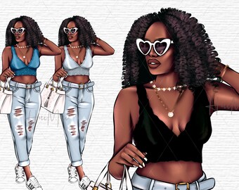 Fashion girl clipart, printable stickers, Printable clipart, fashion illustration clipart, clipart for planner with beautiful black divas