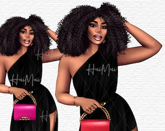 Black Girl Boss Dress Clipart Boss Babe PNG Black Woman Krullend haar Clipart Fashion Planner Clipart African American Fashion Clipart