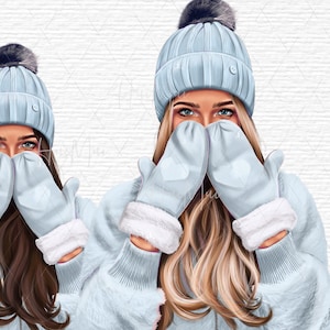 Cute winter girl clipart, Cozy winter clipart, Snow Snowing, Christmas City girls, Fashion girls clipart, digital stickers Commercial use