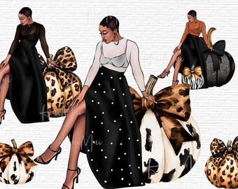 Donna afroamericana alla moda seduta con zucche con stampa leopardata Set di clipart autunnali con stampa animalier e fiocco elegante Clipart di zucca nera