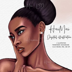 May include: Digital illustration of a woman with dark brown skin and dark brown hair pulled back in a bun. She is wearing a small star-shaped earring in her left ear. The background is a light pink with a subtle texture.