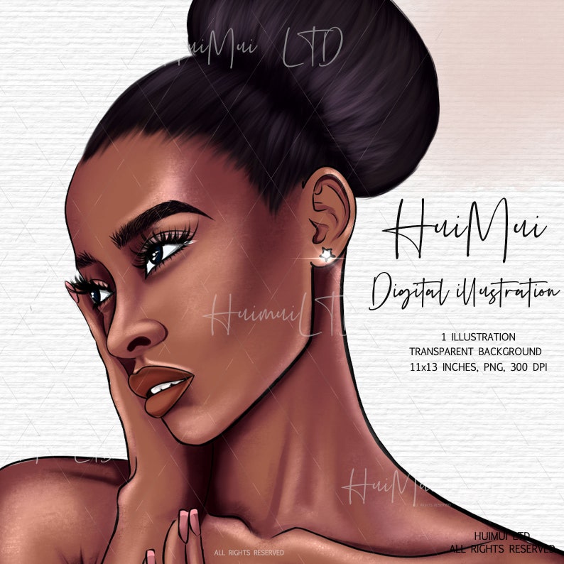 May include: Digital illustration of a woman with dark brown skin and dark brown hair pulled back in a bun. She is wearing a small star-shaped earring in her left ear. The background is a light pink with a subtle texture.