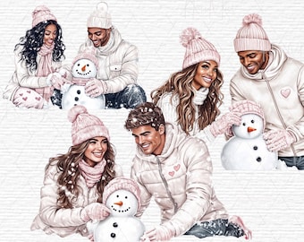 Coppia che costruisce un pupazzo di neve Clipart Romantico inverno Acquerello Arte digitale Acquerello Inverno Coppia Clipart Inverno Amore illustrazione Pupazzo di neve PNG