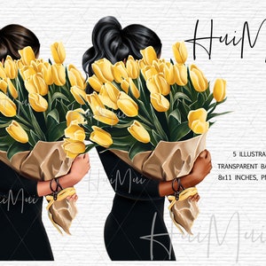 Girl holding Flowers, Yellow flowers clipart,  Woman with watercolor florals, Spring Clipart, Fashion Girl Clipart PNG, African American