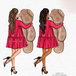 Valentines clipart Cute girl with teddy bear PNG Valentines Day Fashion Illustration Love Clip Art Watercolor Stickers digital download