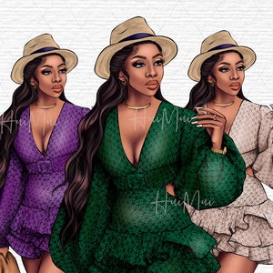 Black woman empowerment clipart Black fashion girl clip art Digital planner cover illustration African Summer girl with hat clipart PNG