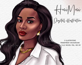 Clipart de niña negra, Clipart afroamericano, Ilustración de moda, Pegatinas de planificador digital, Mujer linda, Clipart de chicas afro, Mujeres negras