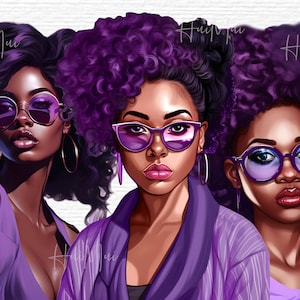 May include: Three women with purple afro hairstyles wearing purple clothing and sunglasses. The women are looking at the camera.