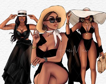 Summer Beach Clipart Bundle Elegant Black Girls in Black and White Swimwear Dresses PNG Afro-American Fashion Illustrations Chic Digital Art