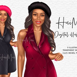 Dark Skin Fashion illustration Summer tshirt designs Black woman png with black red dress hat Black woman clip art for planners journals