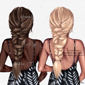 May include: Two digital illustrations of women with long braids, wearing black and white patterned dresses. The background is transparent.