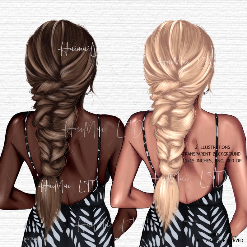 May include: Two digital illustrations of women with long braids, wearing black and white patterned dresses. The background is transparent.