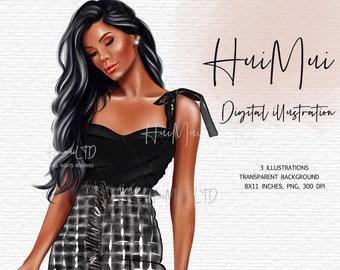 Digital illustration, Cute girl clipart, Fashion woman with dress, PNG File, African American, Instant Download, Printable Art, Home Decor