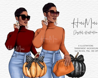 Set di clipart autunnali Donne afroamericane in maglioni comodi con zucche Clip art di moda autunnale Halloween PNG Download digitale Adesivi per pianificatori